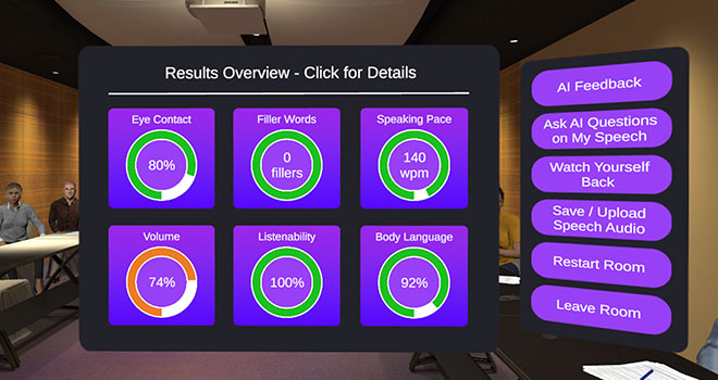 In-app screenshot of instant voice analytics inside the VirtualSpeech app